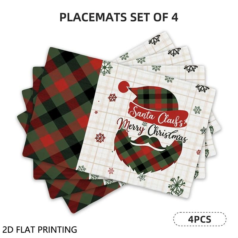 Christmas Linen Placemats, Santa Cabin with Snowman Gifts, Absorbent Easy Clean, Holiday Dinner
