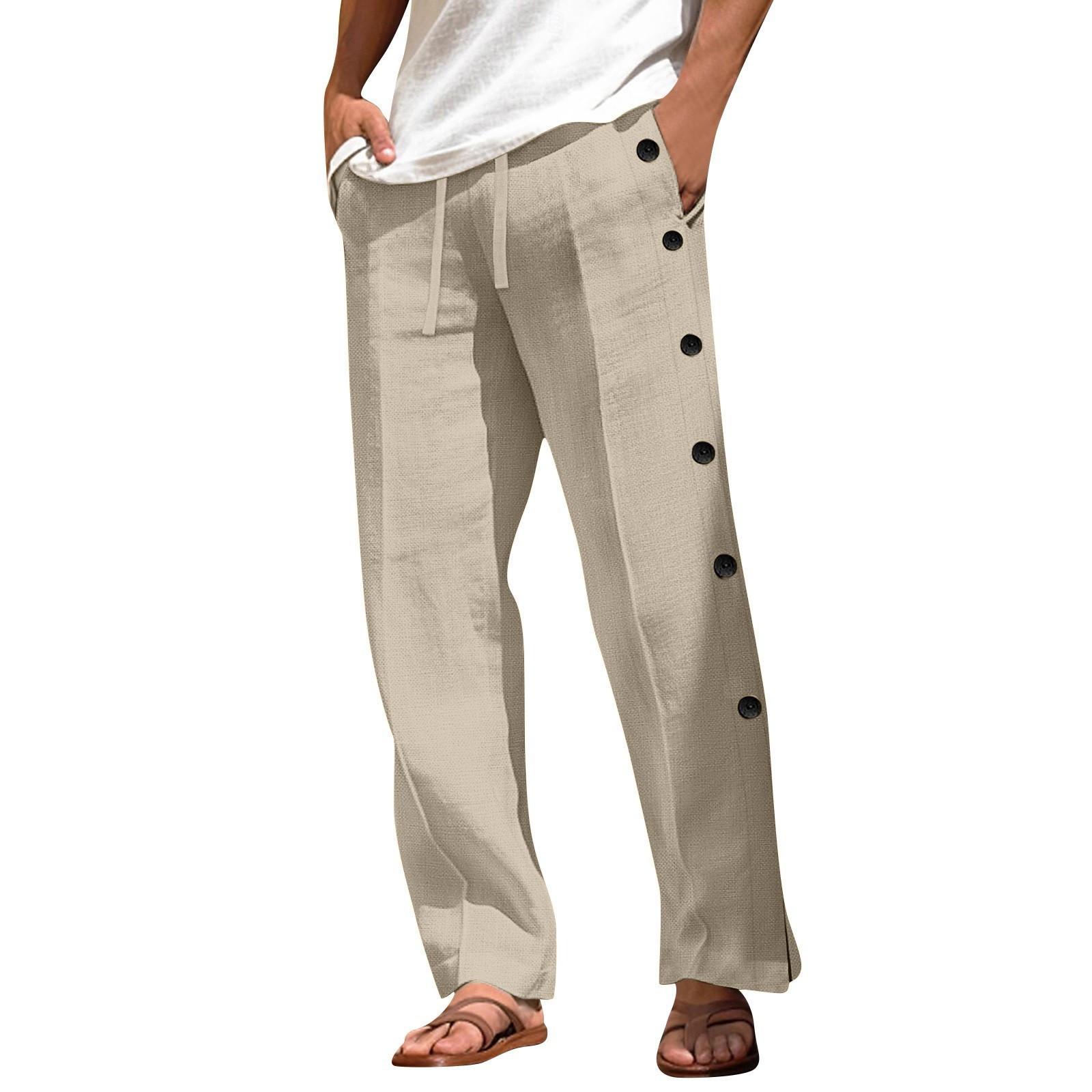

Мужские повседневные свободные и удобные повседневные брюки, хлопковые льняные брюки с пуговицами L хаки