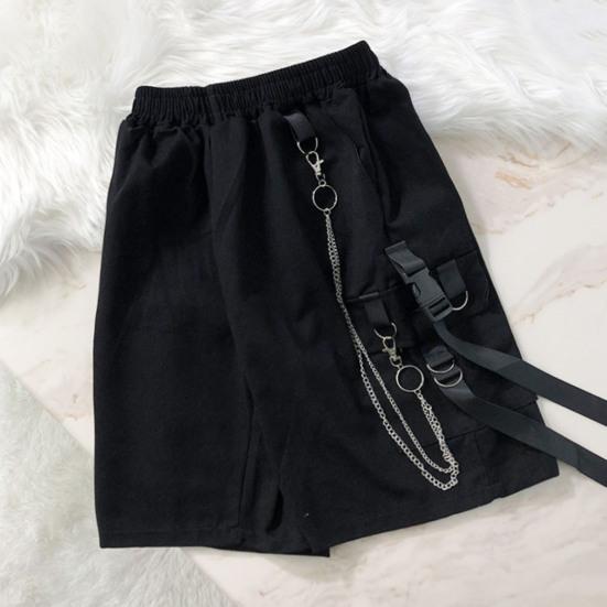 Mid-Rise Elastic Waistband Multi Pockets Chain Strap Decor Men Shorts Outdoor Fitness Cargo Short Pants