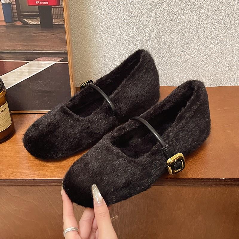 Moda Eleganckie Zapinane Paskiem Futrzane Buty Mary Jane Damskie Wygodne Miękkie Puszyste Płaskie Damskie Pluszowe Mokasyny