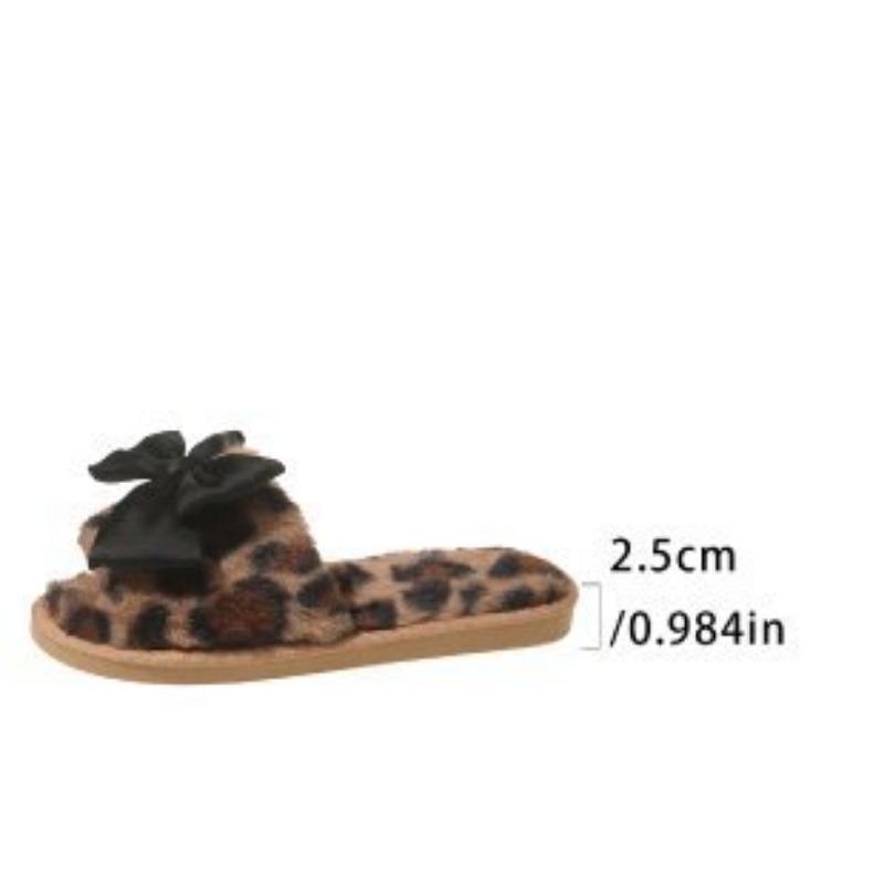 Plush Leopard Print Bow Slippers Women's Autumn and Winter Flat-bottomed Home Floor Mop Open-toed Cotton Slippers Women