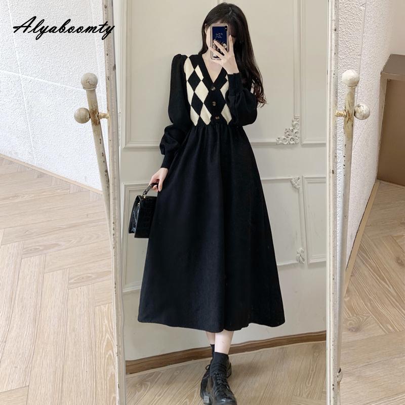 Autumn Winter Women Black Midi Dress V Neck Geometry Knitting Corduroy Patchwork Dress Long Sleeve Casual Basic Dress