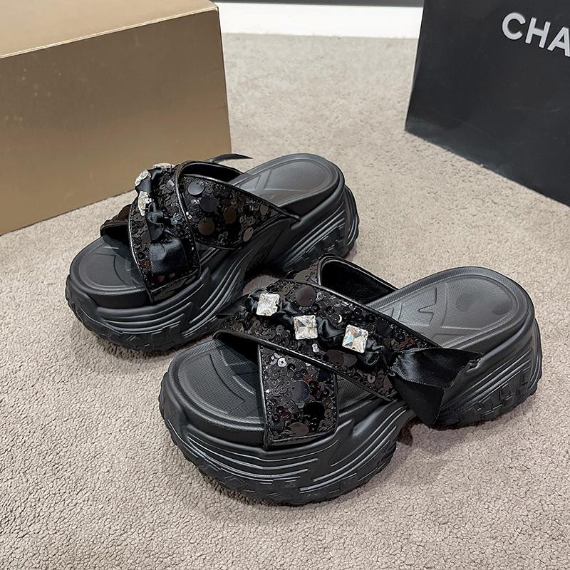 

Fashion 2025 New Sequin Thick Heel Sandals Women s Summer New Casual Beach Casual Heightening Slip-On Shoes Rubber Sole Polyurethane 35 чёрный