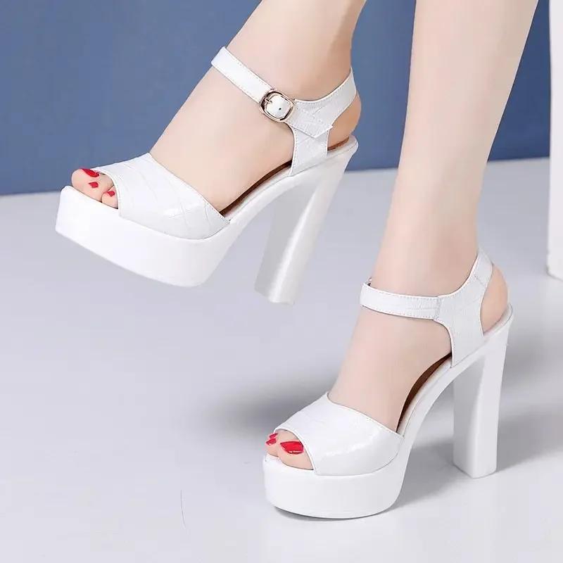 10cm 13cm Comfortable Genuine Leather Sandals Chunky Platform Shoes 2025 Summer Block High Heels Sandals Women for Office Model
