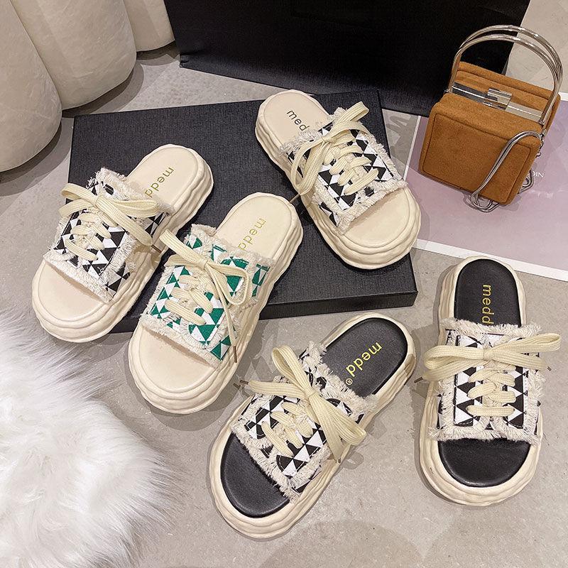 Xiaoxiangfeng Lace-up Slippers for Women In the Summer of 2025, New Models for Outer Wear, Fashionable and Versatile Thick-bottomed Non-slip Casual Co