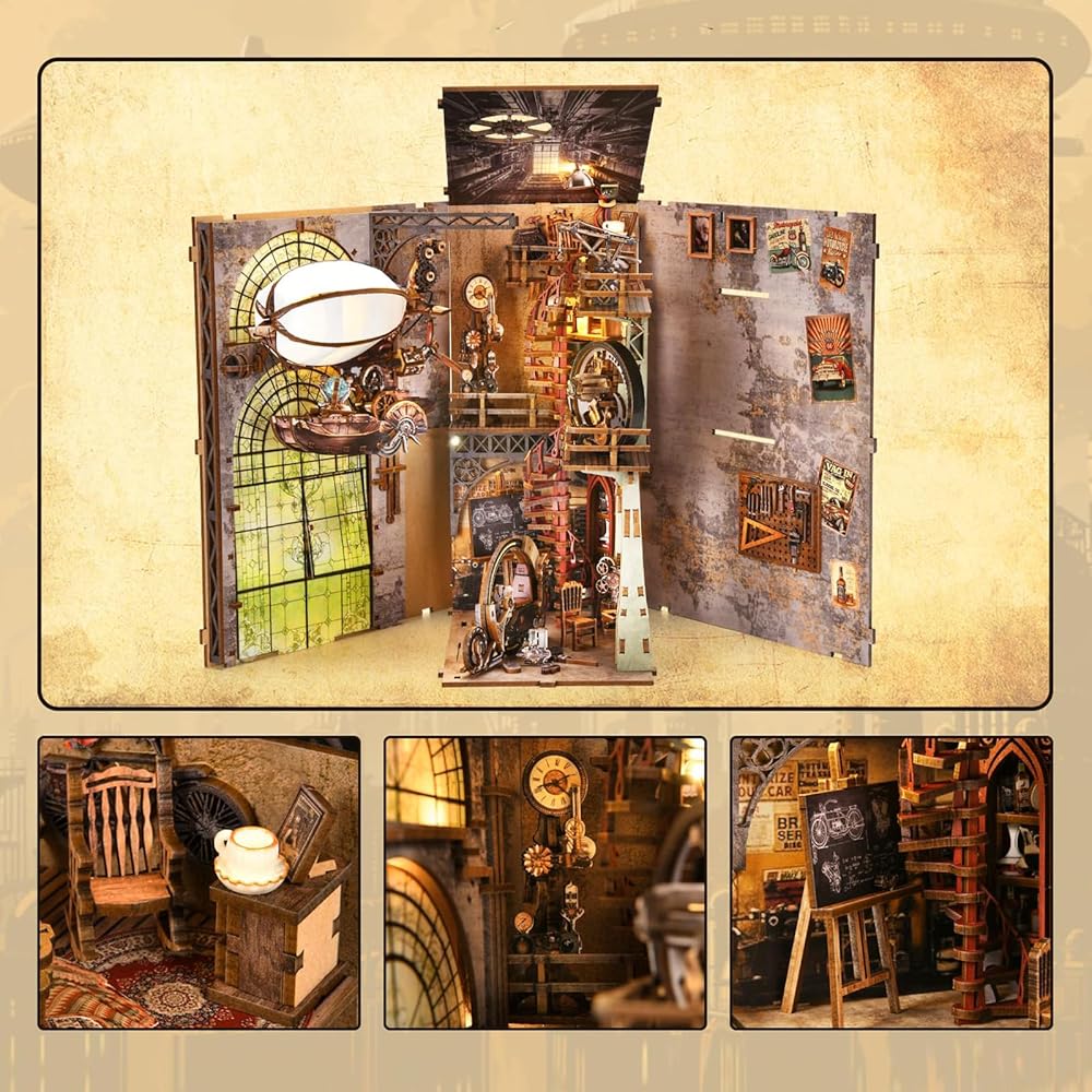 CRESYMME Dollhouse Book Nook Miniature Kit Wooden 3D Puzzle for Adults with LED Light Hot Air Balloon Design