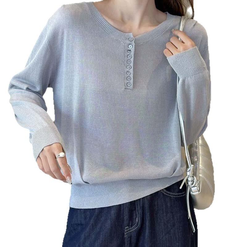 Simple Half Placket Button Design Loose Pullover Knitted Sweater Women's Fashion Age-reducing Casual Inner Bottoming Shirt Early Autumn