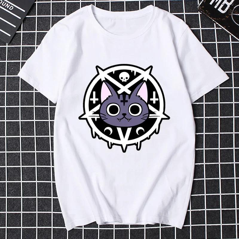 Katze Pastell Goth Mond Kawaii Halloween Schädel Lila Hexe Damen Kleidung Weiblich Klassische Ästhetik Grafik T-Shirts Freundin Geschenk