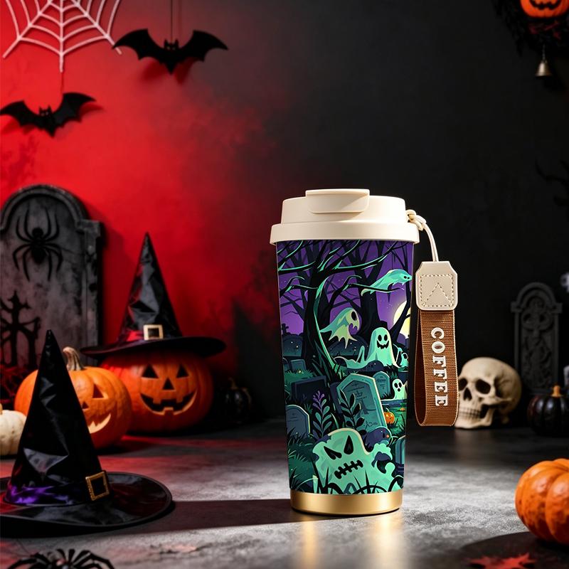 532ml Coffee Cup Halloween Moon Graveyard Ghost Tree Tombstone MotifPortable Thermos Carrier Strap Travel Cup Metal Travel Cup