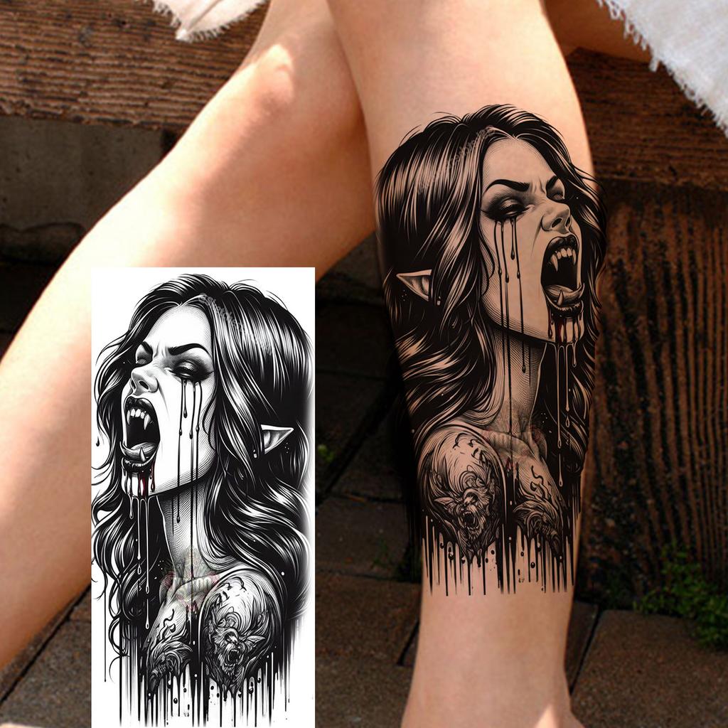 1 Sheet Evil Witch Zombie Vampire Temporary Tattoos For Men Women Adults Halloween Long Lasting Waterproof Fake Tattoo Sticker