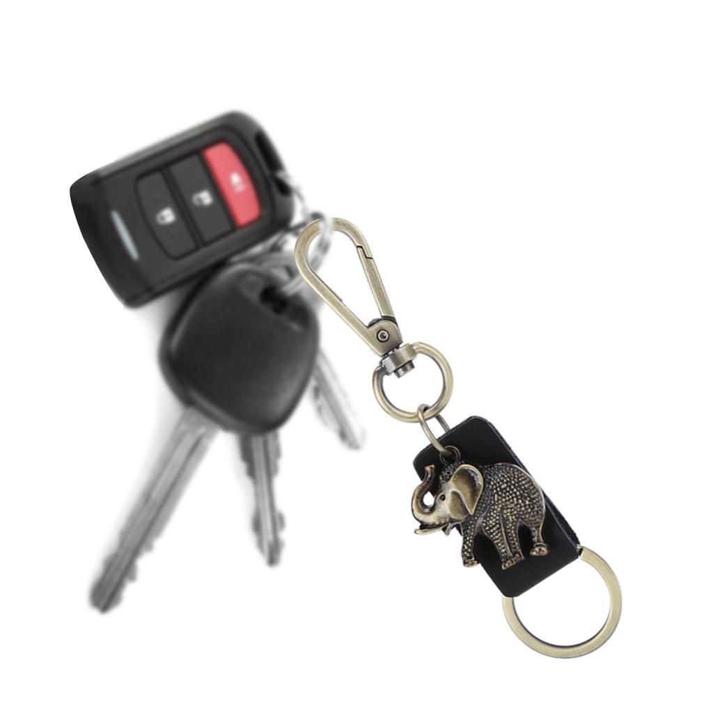 2Pcs Key Chains Elephant Shape Metal Cowhide Car Keychain Retro Leather Pendant GiftsBlack