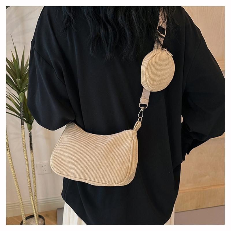 Womens Fashion Solid Color Corduroy Underarm Bag with Coin Purse Pouches Shoulder Crossbody Bag for Shopping Dating Work