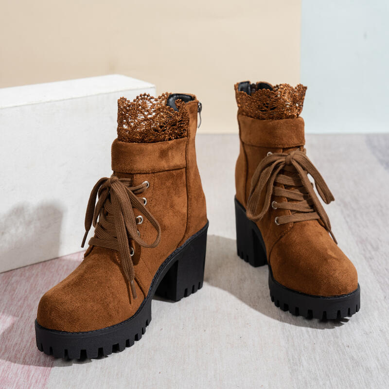 Sexy Lace Patchwork Thick Bottom High Heel Ankle Boots Chunky Platform Thick Heel Suede Short Boots Retro Wine Red Women's Shoes