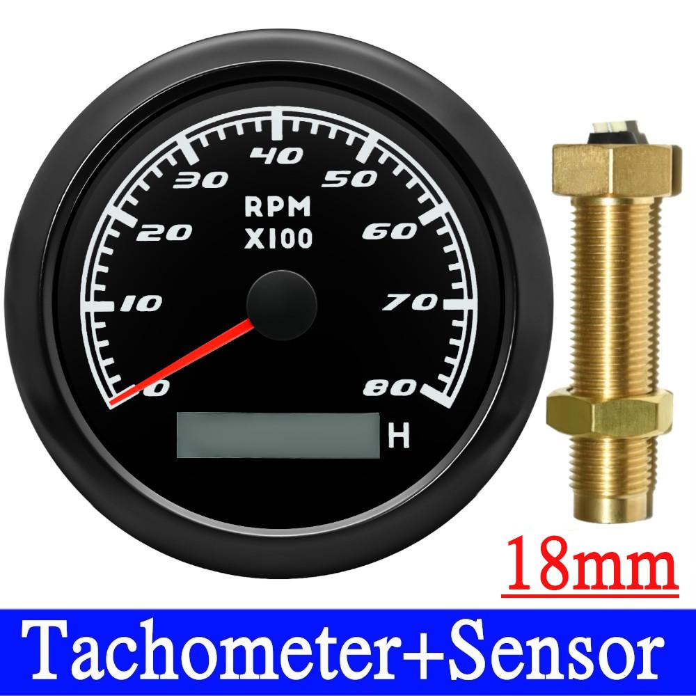 HD Tachometer Tacho Gauge 85MM With LCD Hourmeter Tacho Sensor M16 M18 Gasoline Diesel Engine Digital Tacho Meter Outboard Motor