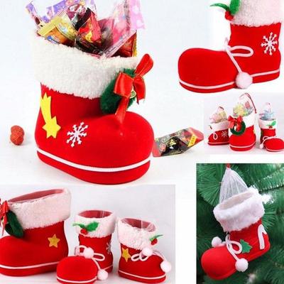 4 Größen Weihnachts-Süßigkeitsstiefel, Weihnachtsmann, Beflockungsstiefel, Strümpfe, dekorative Süßigkeiten-Geschenkbox