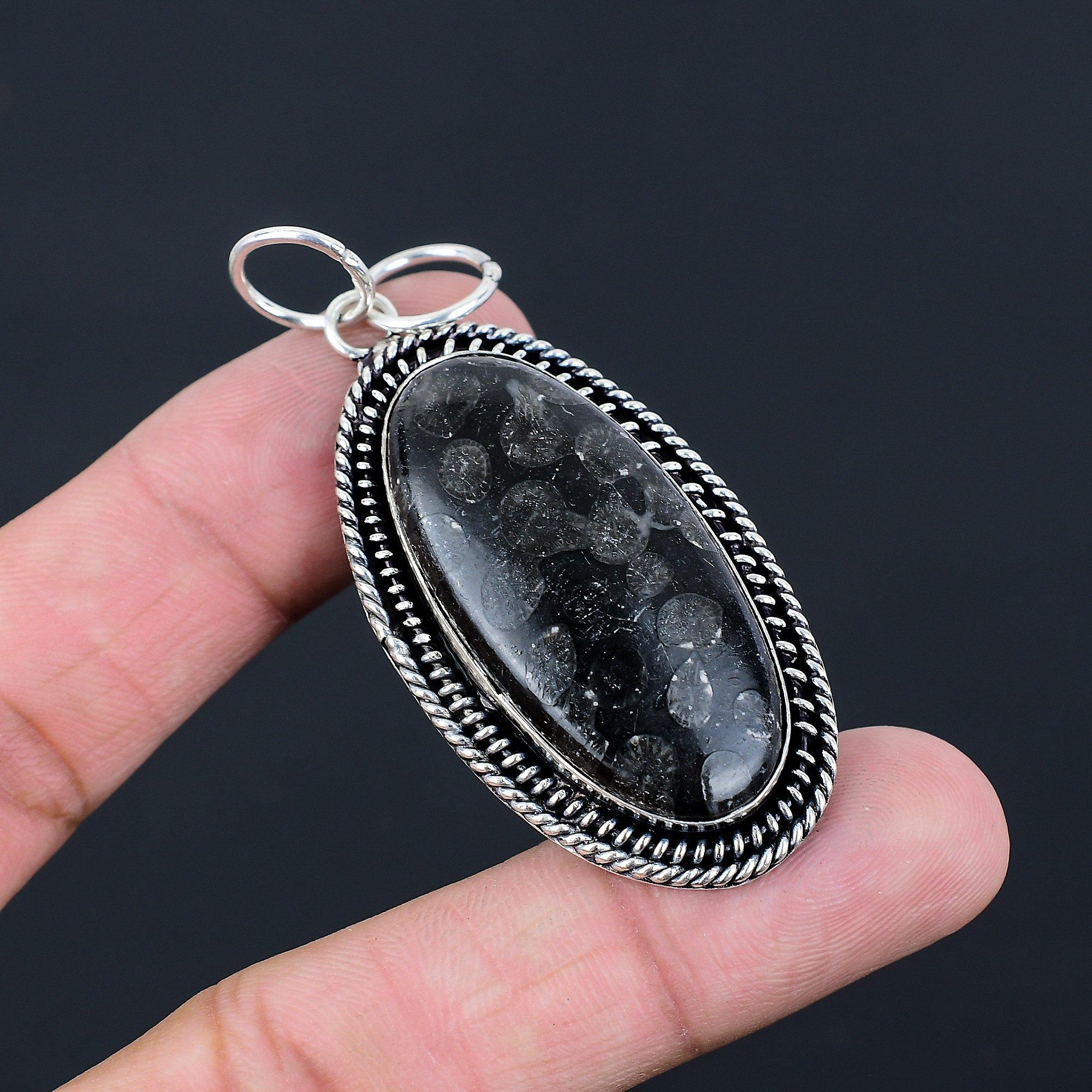 Oval Black Fossil Coral Stone Engagement Mother Boho Pendant Jewelry 925 Silver