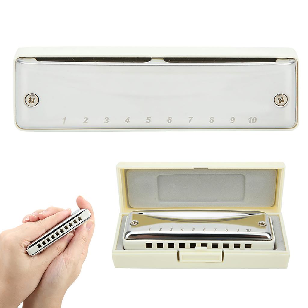Blues Harmonica 10 Holes Mouthorgan Bb Key Stainless Steel ABS Resin Wind InstrumentWhite