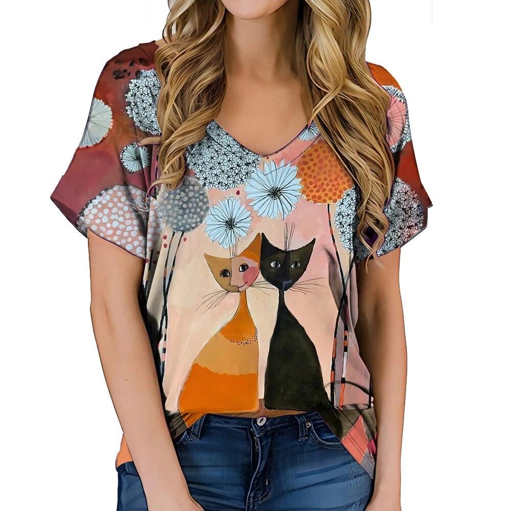 Fashionable Women's Clothing V-neck Kitten Print T-shirt Street Hot Selling Homestay Casual Top Summer Personalized Women Shirt