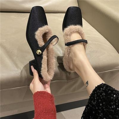 Moda Elegante Fivela de Metal Mary Janes Mulher Meio Chinelos 2024 Novos Sapatos de Salto Médio Vestido Feminino Inverno Quente Pelúcia Cinto Bombas Zapatos