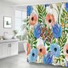 Blue & Peach Watercolor Floral Shower Curtain – Vibrant Poppies & Tulips, Botanical Garden Design, 12 Hooks, 70.87×70.87 Inch