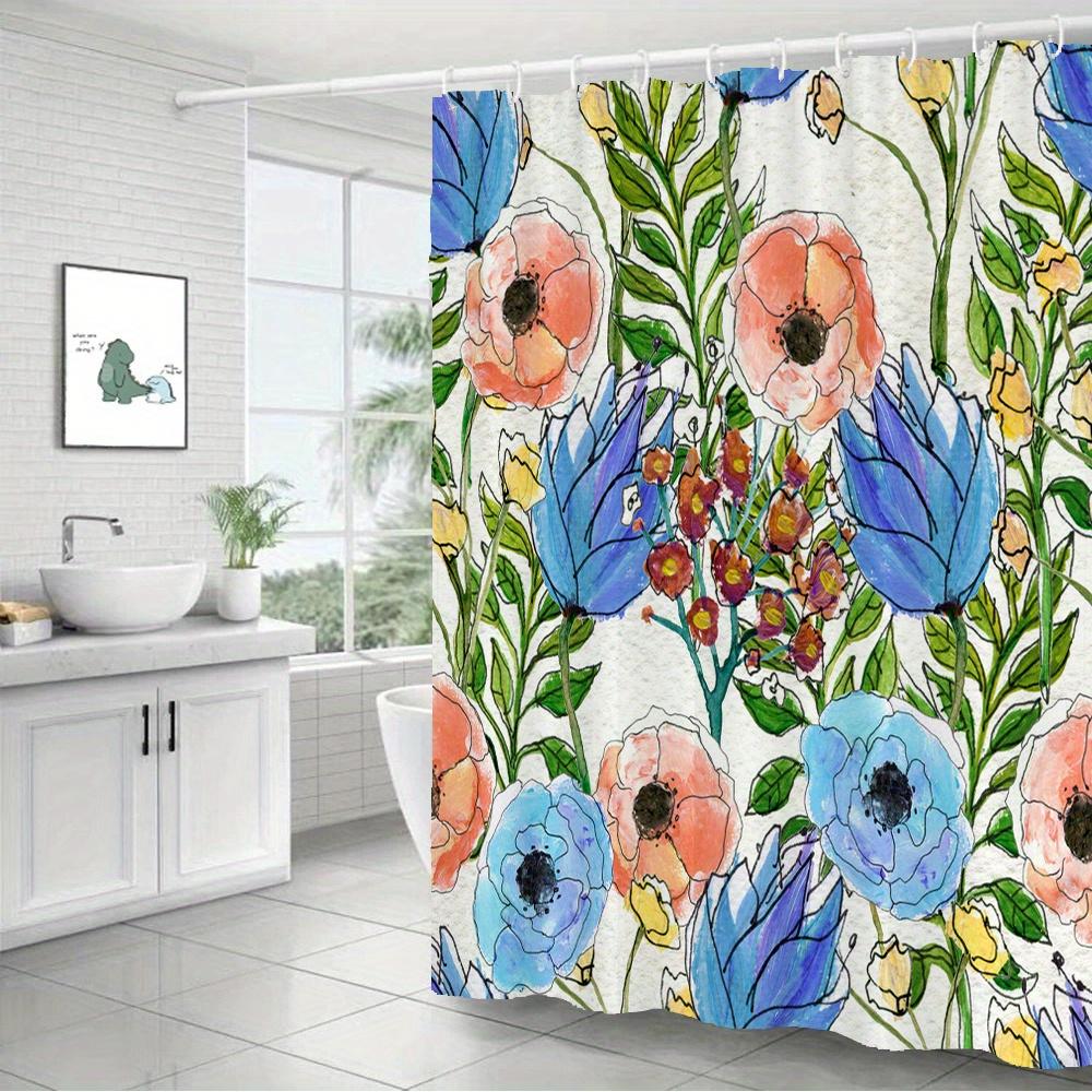 Blue & Peach Watercolor Floral Shower Curtain – Vibrant Poppies & Tulips, Botanical Garden Design, 12 Hooks, 70.87×70.87 Inch