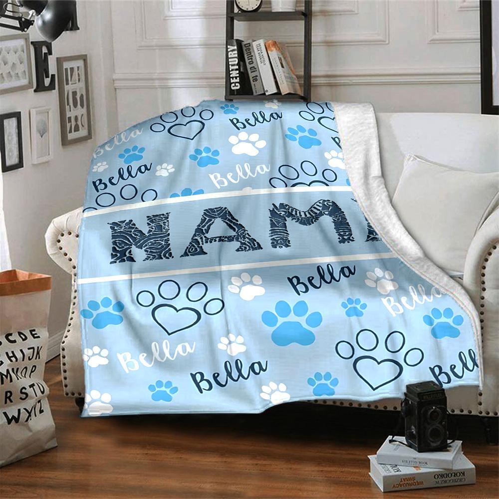 Paw Prints And Bella On A Blue Background With A Central Section Gift Personalized Blanket Customize Your Name Soft Cozy Throw For Sofa Couch Office