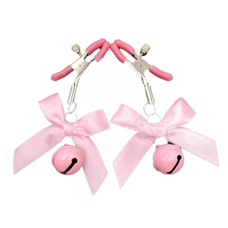1Pair Bondage Bowknot Nipple Clamps with Small Bell Sexy Metal Breast Stimulation Exotic Accessory Hairball for Women's Sensatio