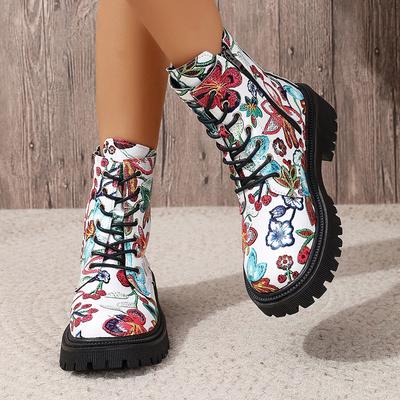 Fashion Women's Flowers Printed Short Boots Autumn Winter New Fashion Comfortable Casual Shoes Thick Middle Heel Side Zip Ankle Botas