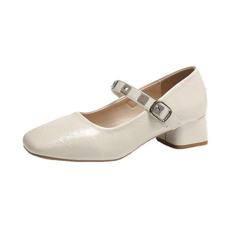 Square head Mary Jane single shoes girl 2025 autumn new French thick heel small leather shoes fairy style with skirt high heels