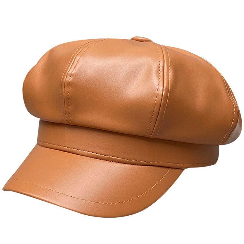 Big Head Circumference Beige Leather Octagonal Hat Women'S Season Trendy British Retro Painter Hat Japanese Beret