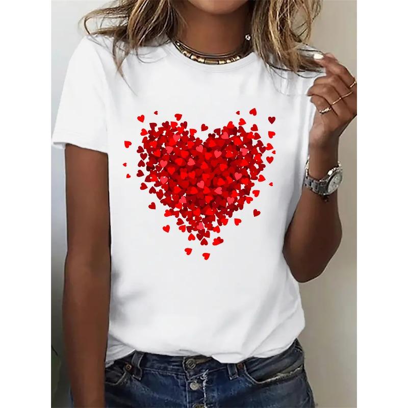 T-shirt de sport court à manches courtes pour femme, taille européenne, avec motif cœur et motif dessin animé, transfert thermique, T-shirt confortable et doux à col rond