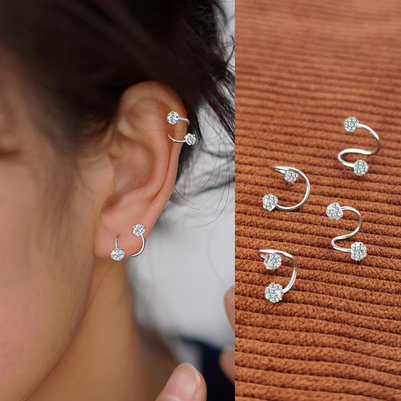 Sterling silver flash stud earrings women's S-shaped zircon ball screws niche exquisite design earbone nails