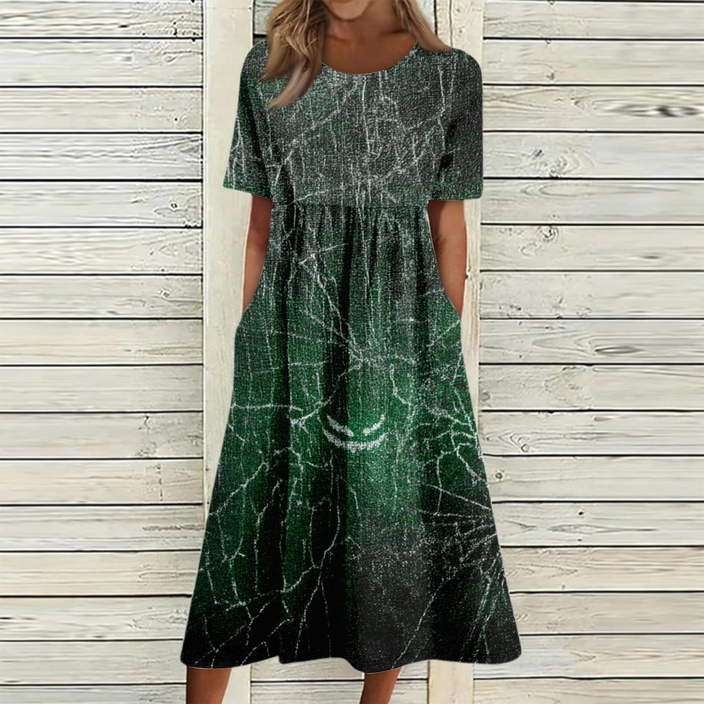 Women's Casual Halloween Print Patchwork Dress Short Sleeve Round Neck Pocket Midi Dress Loose Fit Comfortable Everyday Wear