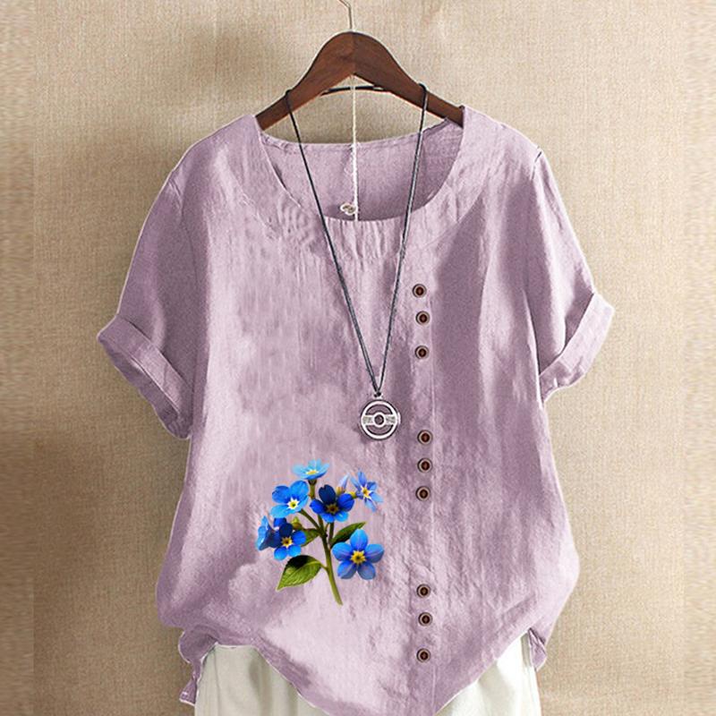 Damenmode Blumendruck Kurzarm T-Shirt Lockeres Baumwollhemd Lässige lockere Sommerbluse Tops Übergröße
