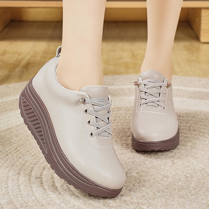 Women Platform Loafers Black Casual Leather White Shoes Thick Sole Height Increase Shake Shoes