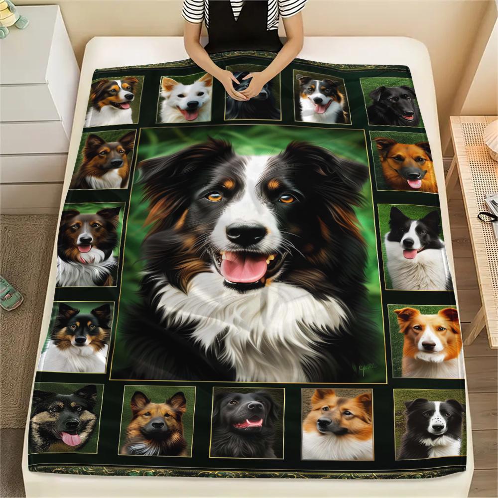 1Pc Border Collie Retriever Print Flannel Blanket, High quality Comfortable for All Seasons, Home Decor, Warmth and Comfort, Perfect for Gifts