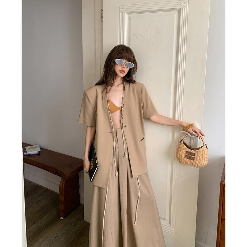 

Пиджак из пеньковой веревки с короткими рукавами, женский летний костюм с V-образным вырезом в корейском стиле, повседневный силуэт M жёлтый