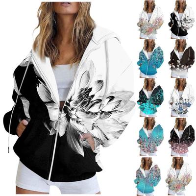 Women Fashion Casual Printed Zipper Hoodie Coat Long Sleeve Cardigan Jacket with Pocket Autumn Winter Sweatshirt