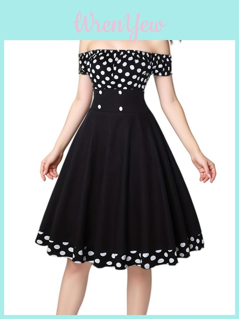 Vintage Polka Dot Halter Neck Dress With Puffed Sleeves For Date Night And Party Wear