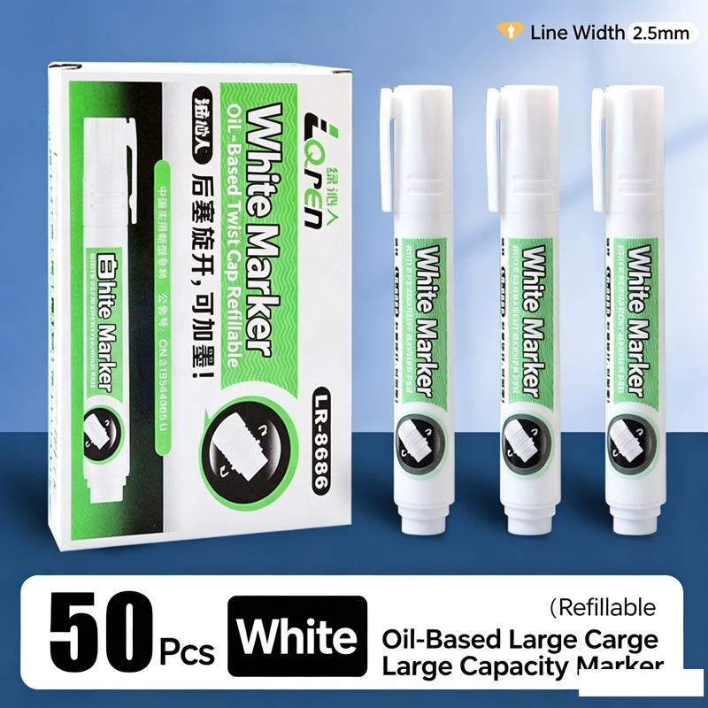 5-100Pcs Large Capacity White Waterproof Permanent Marker Pens, Refillable for Office School Writing Stationery Gifts