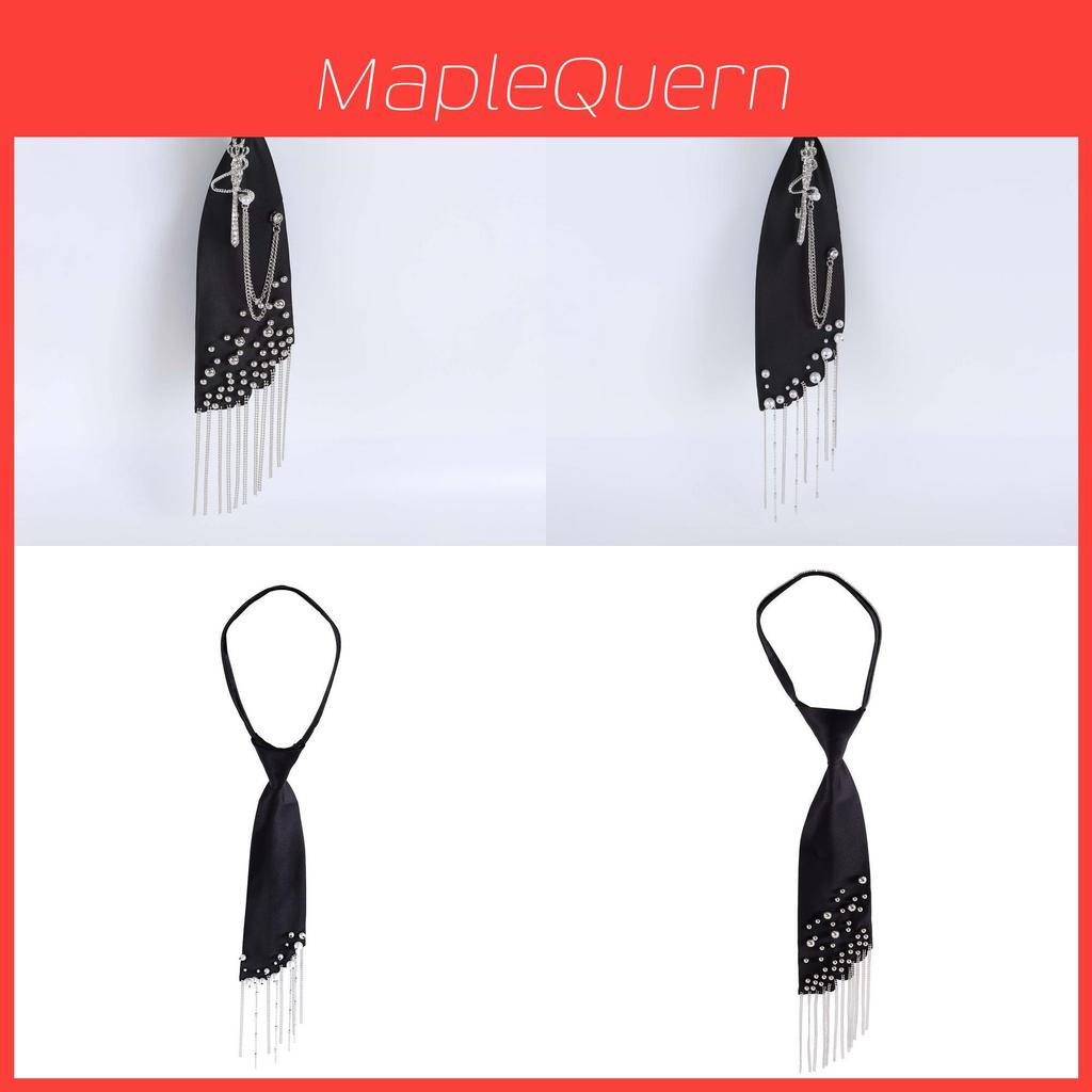 Geometric Black Satin Tie With Crown Chain Pearl Tassels For Business And Party Wear