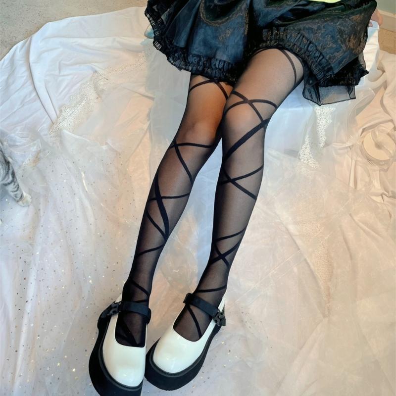 Women Irregular Crossed Strappy Jacquard Silky Tights Stockings Japanese Style JK Princess See Through Pantyhose Legging