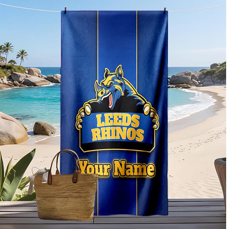 Leeds Rhinos Custom Beach Towel, Print Your Name Text Lightweight Absorbent Towel for Swimming Travel