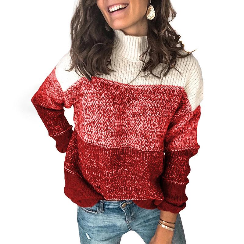 2020 Autumn New Women's Casual High Neck Striped Color Block Sweater