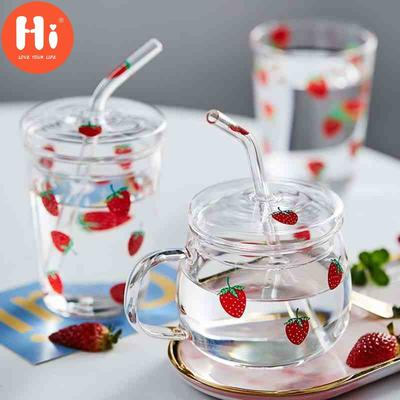 Olá, caneca de vidro de morango com canudo, criativa, resistente a altas temperaturas, vidro transparente, copo de água doméstico, copos de suco de leite