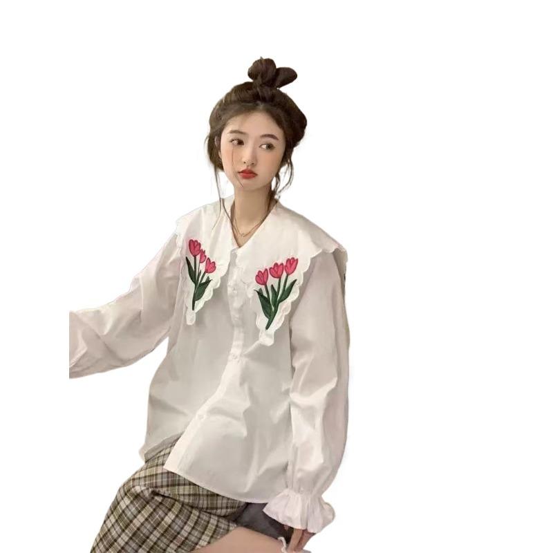 Flower Patterned Women's Shirt Embroidery Design Single Breasted Famale Loose Shirts Spring Casual Lady Long Sleeved Top