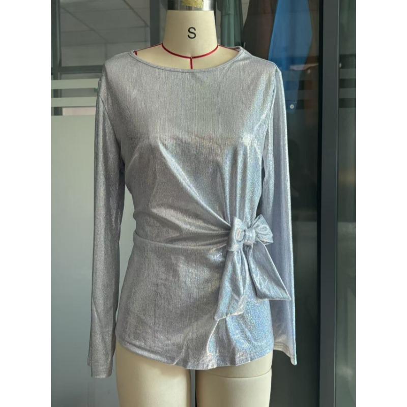 Neue Modische Glänzendes Band Schleife Damenbluse Langarm Lässig Frühling Herbst Süße Oberteile Slim Fit Einfarbige Streetwear Elegant Lässig Einfache Hemden