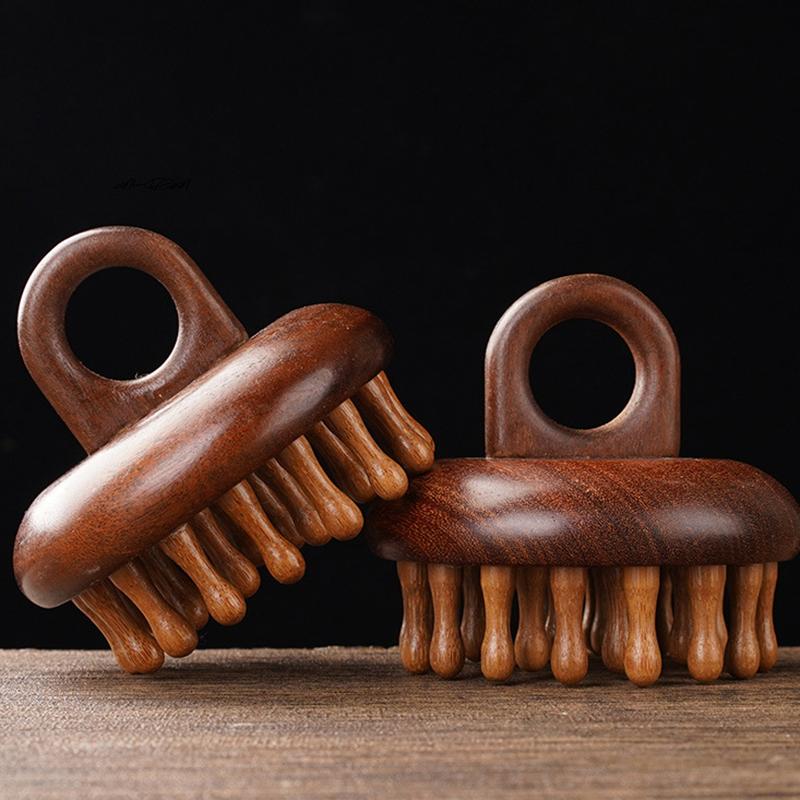 Portable Multi-Functional Wood Massage Comb Circular Tooth Guasha Scalp Head Massager with Ring - Therapy & Relaxation Tool