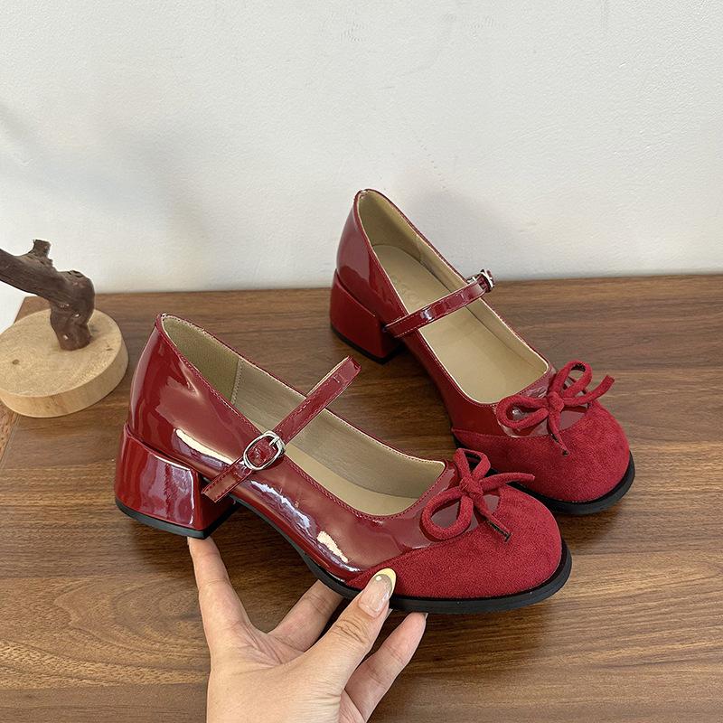 French Retro Color Matching Thick Heel Increased Mary Jane Shoes Women's 2025 Summer New One-word Buckle with Bow Single Shoes