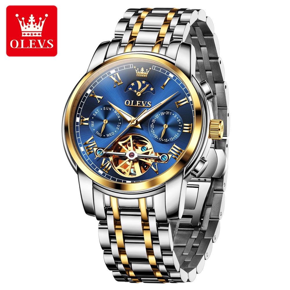 OLEVS 6617 Original Herrenuhr Luxus Skelett Hohl Schwungrad Automatikuhr für Herren Kalender Wasserdicht Mondphase Armbanduhr